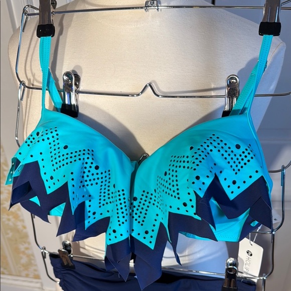 Super Cute Holypick Top & Gottex Bottom Teal/Navy Bikini Set Perforated Ruffle - Picture 8 of 15